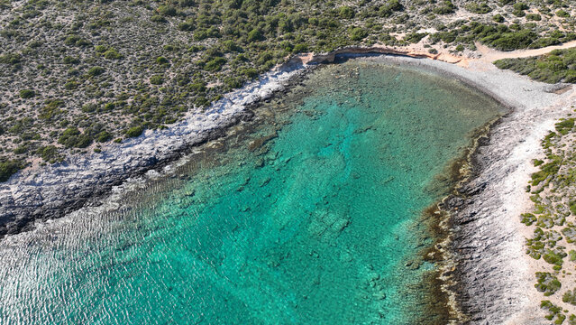 Aerial drone photo of paradise secluded beaches in Southern part of Antiparos island with crystal clear sea, Cyclades, Greece