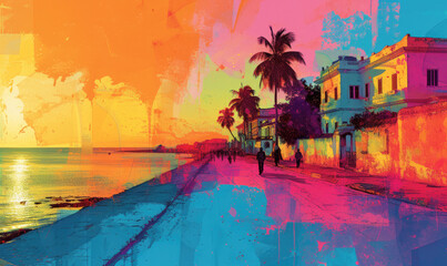 Illustration of Zanzibar island with dhow and sunset, T-shirt design and print - obrazy, fototapety, plakaty