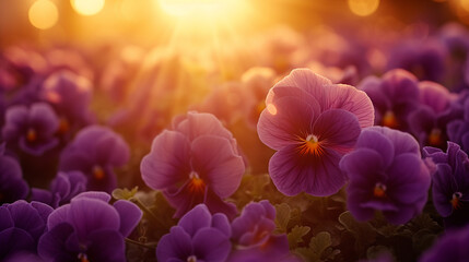 Delicate purple pansy in a flowerbed at golden hour. - obrazy, fototapety, plakaty