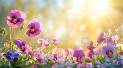 Spring flower bed with blooming viola tricolor against a background of golden sunset light.