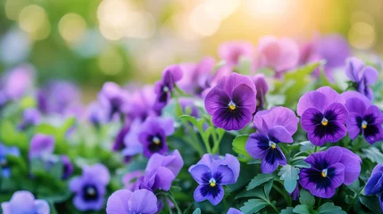 Foto op Plexiglas Delicate tiny purple pansy in the flowerbed. © Tanya