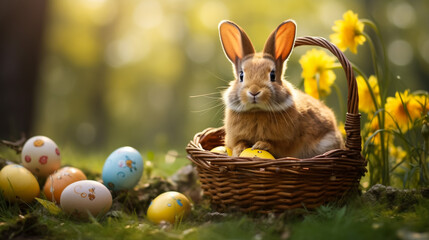 Fototapeta na wymiar Easter Bunny Amidst Vibrant Blooms, Cradling a Collection of Cheerful Eggs—a Perfect Picture of Spring's Delight
