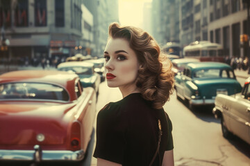 Fototapeta na wymiar Vintage photo of woman wearing stylish dress at city street with cars, American retro style