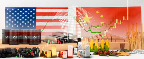 Commodities Trade between US and China Import and export competition between 2 countries ,3d rendering - obrazy, fototapety, plakaty