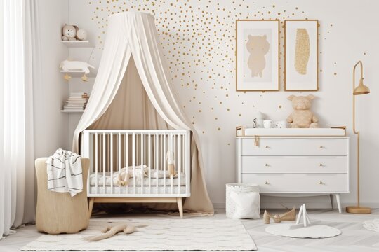 Baby nursery featuring a poster with golden dots and a cot