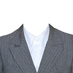 Grey women's suit with white blouse in business style. Strict formal jacket for women.