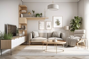 Fototapeta premium Modern apartment living room with stylish interior decor with white mock up photo frame, wooden shelf, flower vase, books, sculpture, and elegant accessories. Elegant house furnishings, Template