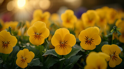 Beautiful spring yellow pansy on a flowerbed in the garden.