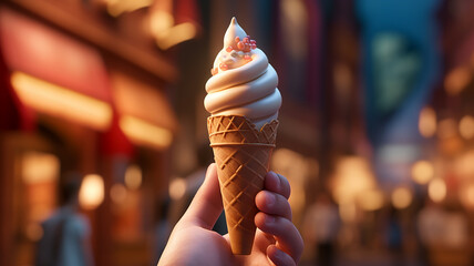 Female hand holding an ice cream cone, social media style photo, food and travel destination concept, generative AI