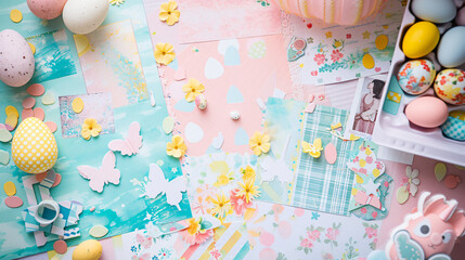 Fototapeta na wymiar A flat lay of an Easter-themed scrapbooking project with patterned paper stickers and photos.