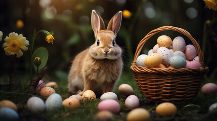Easter Bunny Nestled in Blossoms, Hosting a Treasure Trove of Handcrafted Eggs—a Delightful Display of Springtime Magic