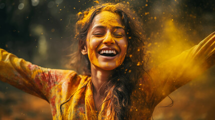 Young Indian woman with a joyful expression covered with colorful Holi powder and smiling brightly - obrazy, fototapety, plakaty