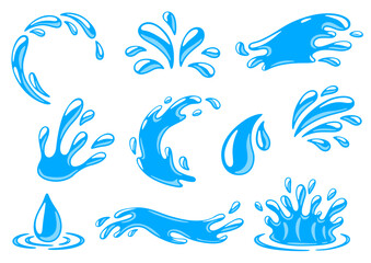 Water splash and drops set. Aqua or liquid in motion.