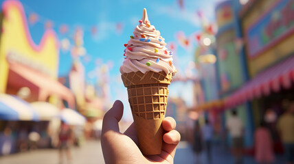 Female hand holding an ice cream cone, social media style photo, food and travel destination concept, generative AI