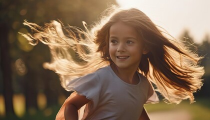 portrait of a little girl in the field in the morning with her hair down and exposed to sunlight