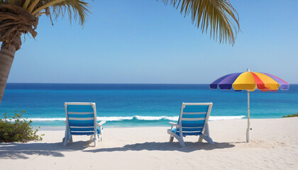 Fototapeta na wymiar Vacant spots under vibrant umbrella on sandy beach, overlooking stunning blue sea.