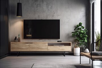 In a room with contemporary furniture, there is a modern widescreen TV on a white wall