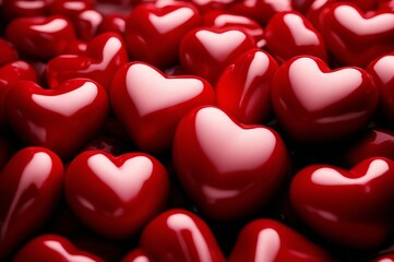 Red heart shaped candies. Lots of shiny red hearts