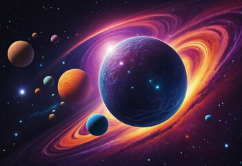 Colorful planets and stars in abstract background illustration.