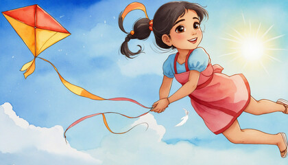 Girl with kite watercolor painting