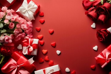 Valentine's day background. Gift box with rose petals copy space. Top view