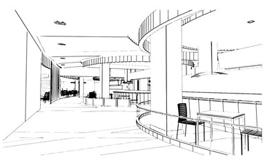 line drawing of the area of the department store hall, the food store section,3d rendering