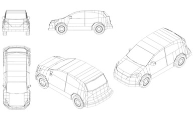 Line drawings of cars traveling in the city and various transportation vehicles from many angles.