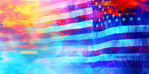 American flag and election vote silhouette composition. Describe the 2024 US election situation and results. Basemap and background concept. Double exposure hologram.