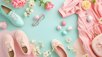 A flat lay of a spring-themed Easter outfit including pastel clothing and accessories.