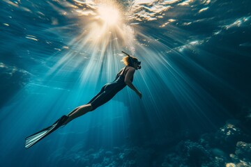 Freediver swims in tropical blue sea. Woman free diving in ocean - obrazy, fototapety, plakaty