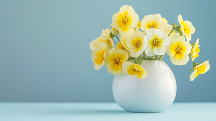 A beautiful bouquet of yellow white pansy in around white ceramic vase on a sky blue background. Copy space.
