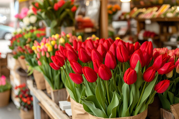 Bunch of beautiful fresh red tulips in a flower shop.