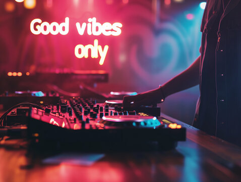 Good vibes only concept image with glowing written words good vibes only in a nightclub with a DJ to show a positive ambiance and attitude.