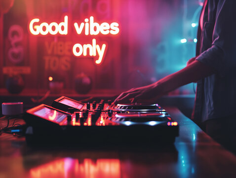 Good vibes only concept image with glowing written words good vibes only in a nightclub with a DJ to show a positive ambiance and attitude.