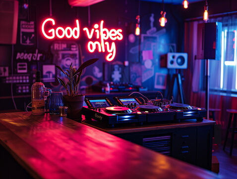 Good vibes only concept image with glowing written words good vibes only in a nightclub with a DJ to show a positive ambiance and attitude. - Powered by Adobe