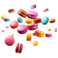 Various colorful of macarons floating on the air Isolated on transparent background