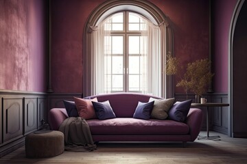 purple room really Peri couch with pillows and window arch. modern interior design