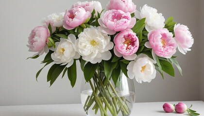 Elegant White-Pink Peony Bouquet in Glass Vase on Hotel Room Table
