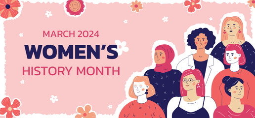 Women's history month banner, with various female characters made in doodle style with imitation cutout and collage. - obrazy, fototapety, plakaty
