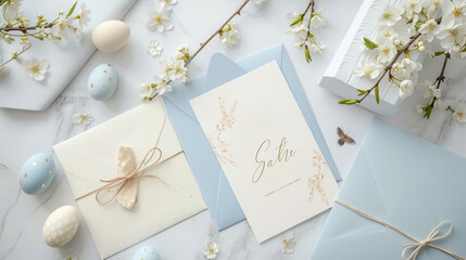 A flat lay of Easter cards and envelopes with elegant calligraphy and designs.
