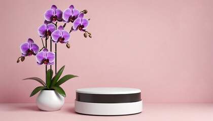 Purple Orchid Adorned Podium for Showcasing Natural Cosmetic Brand