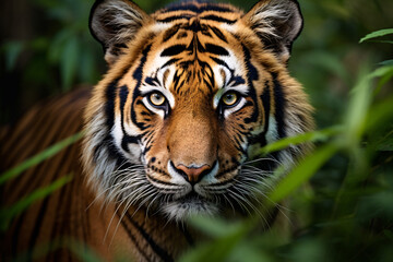 Face of wild tiger between green leaves