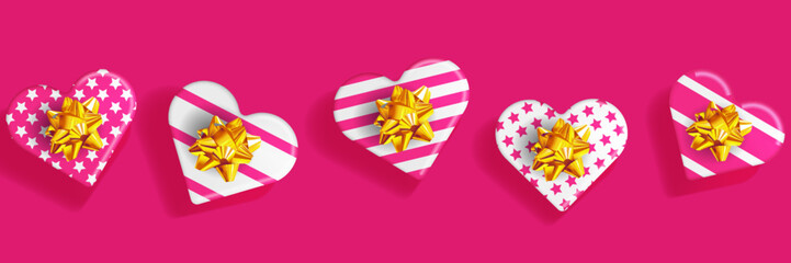 Festive background. Heart shaped gift boxes with golden bows. Top View. Vector illustration - 724971302
