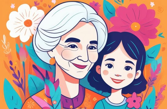Happy grandmother hugs her granddaughters. Love of grandmother and grandchildren. Happy Grandma's Day. Women's Day, March 8