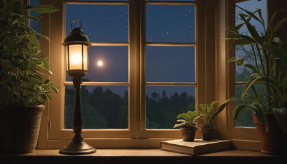 View to the world outside, candlelit lantern and potted plants on a windowsill
