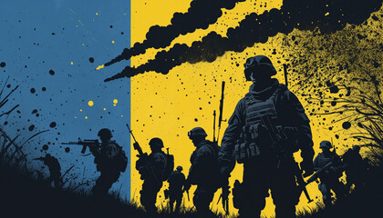War-themed soldier silhouettes against yellow and blue backdrop reminiscent of Ukrainian flag. - obrazy, fototapety, plakaty