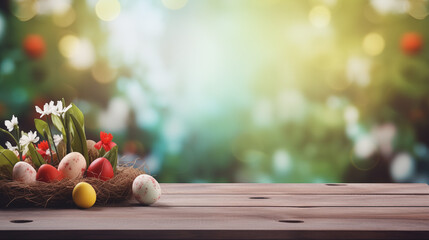 Empty wooden table background - easter spring theme - obrazy, fototapety, plakaty