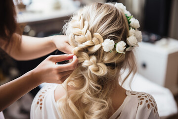 Close up of hairstylist arranging beautiful elegant bridal hairstyle with flowers - obrazy, fototapety, plakaty