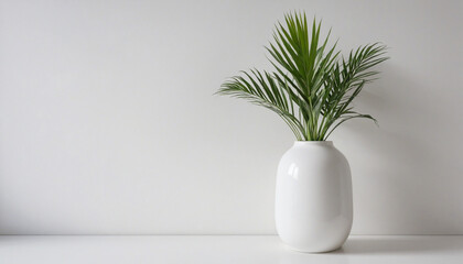 Indoor plant in a vase against blank white wall with space for text.