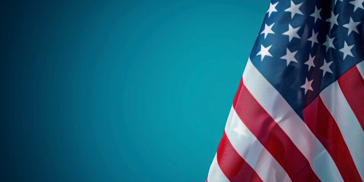 American flag for Memorial Day, 4th of July or Labour Day, blue background, panorama, copy space.